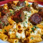 Cajun Garlic Butter Linguine with Tender Beef Strips Rigatoni