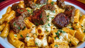 Cajun Garlic Butter Linguine with Tender Beef Strips Rigatoni