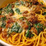 Cheesy Garlic Butter Spaghetti with Italian Sausage & Spinach