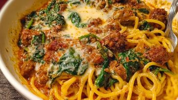 Cheesy Garlic Butter Spaghetti with Italian Sausage & Spinach
