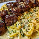 Cheesy Garlic Steak Bites over Creamy Linguine Pasta