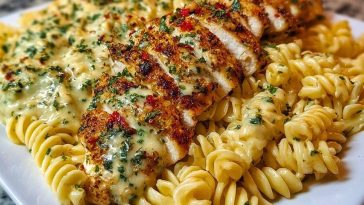 Cheesy Twisted Pasta with Creamy Garlic Parmesan Chicken