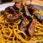 Creamy Cajun Garlic Butter Spaghetti with Beef Strips