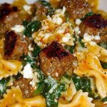 Creamy Garlic Butter Beef Bowtie Pasta with Italian Sausage & Spinach