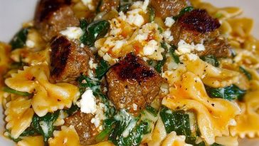 Creamy Garlic Butter Beef Bowtie Pasta with Italian Sausage & Spinach