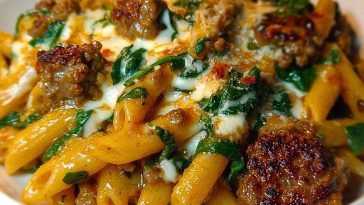 Creamy Garlic Butter Beef Penne with Sausage and Spinach
