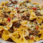 Creamy Ground Beef Bowtie Pasta with Mozzarella and Parmesan