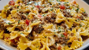 Creamy Ground Beef Bowtie Pasta with Mozzarella and Parmesan