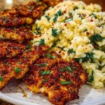 Creamy Parmesan Spinach Rice with Spicy Garlic Chicken