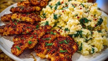 Creamy Parmesan Spinach Rice with Spicy Garlic Chicken