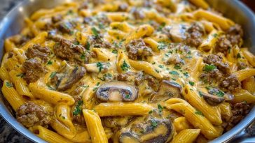 Creamy Velveeta Beef Stroganoff and Penne Pasta