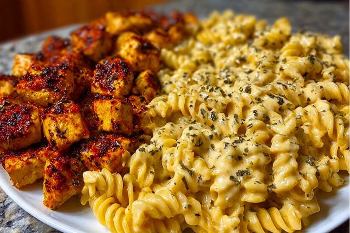 Golden Chicken Rotini Pasta in Velveeta Cream