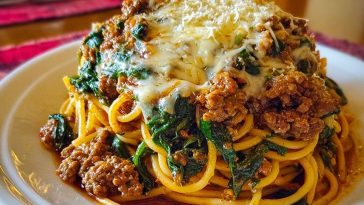 Garlic Butter Spaghetti with Cheesy Italian Sausage and Spinach