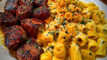 Rigatoni in Garlic Butter Parmesan Cream Sauce with Cajun Steak Tips