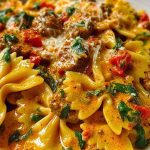 Spicy Cajun Bowtie Pasta with Beef, Sausage & Creamy Garlic Sauce