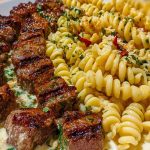 Steak Bites and Cheesy Rotini in Garlic Parmesan Sauce