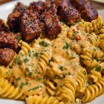 Steak Bites in Garlic Parmesan Sauce over Rotini