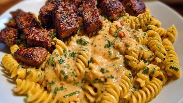 Steak Bites in Garlic Parmesan Sauce over Rotini