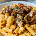 Cajun Steak Tips in Cheesy Rigatoni Parmesan Sauce
