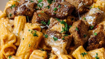 Cajun Steak Tips in Cheesy Rigatoni Parmesan Sauce