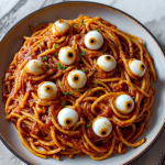 Bloody Spaghetti with Mozzarella Eyeballs