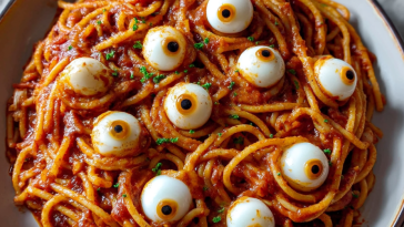 Bloody Spaghetti with Mozzarella Eyeballs
