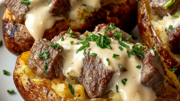 Steak-Stuffed Baked Potatoes with Parmesan Cream Sauce