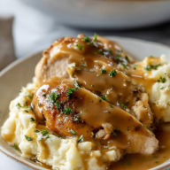 Chicken and Garlic Gravy with Cheesy Mashed Potatoes