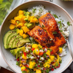 Chili Onion Crisp Salmon Bowl with Avocado Mango Salsa