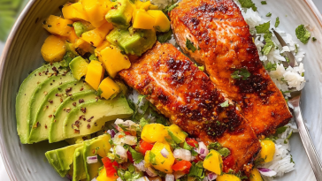 Chili Onion Crisp Salmon Bowl with Avocado Mango Salsa