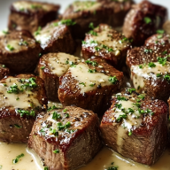 Tender Steak Bites in Garlic Butter with Creamy Parmesan Sauce