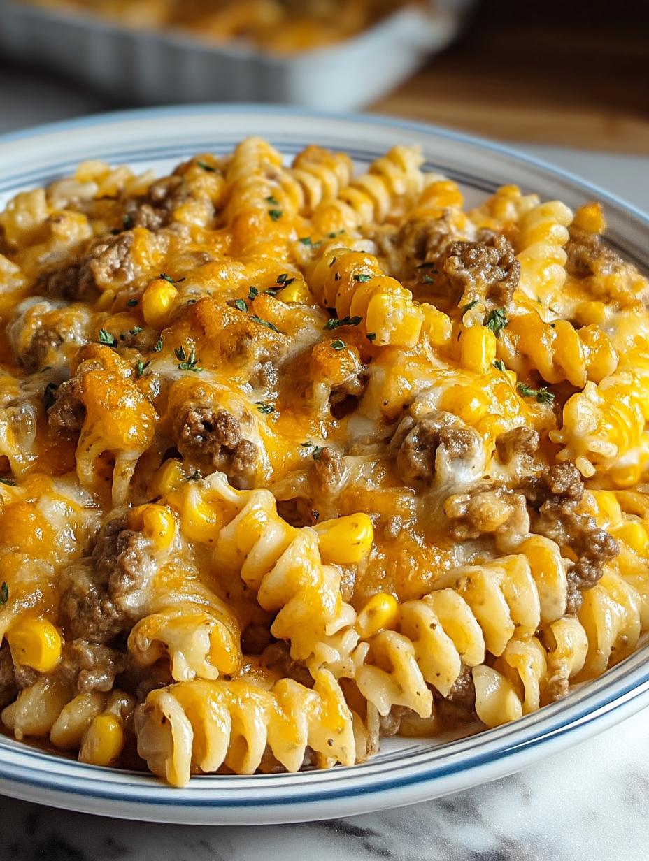 Cheesy Ranch Rotini Bake with Beef and Sweet Corn